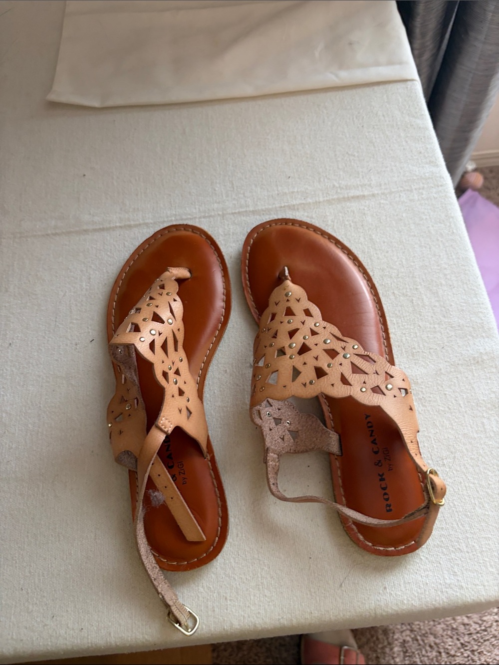 Rock & Candy Tan Laser-Cut T-Strap Sandals